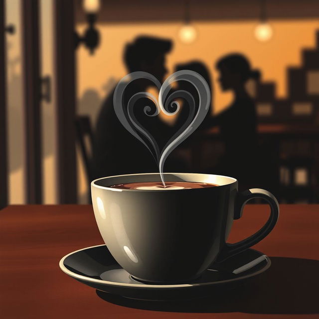 A book cover illustration featuring a close-up of a cup of coffee with a heart-shaped smoke rising from the surface, creating an inviting and romantic aura