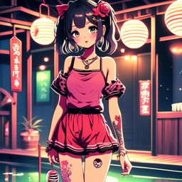 Anime grunge girl with face tattoos and lollipop standing in front of a night-lit bathhouse, dressed in star-reflecting night-linen.