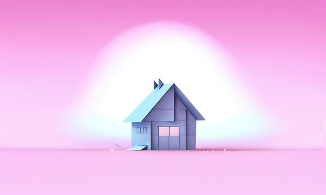 A serene digital art piece featuring a pastel blue origami house floating against a dreamy gradient background transitioning from pastel pink to lavender, with soft light rays and floating paper particles.