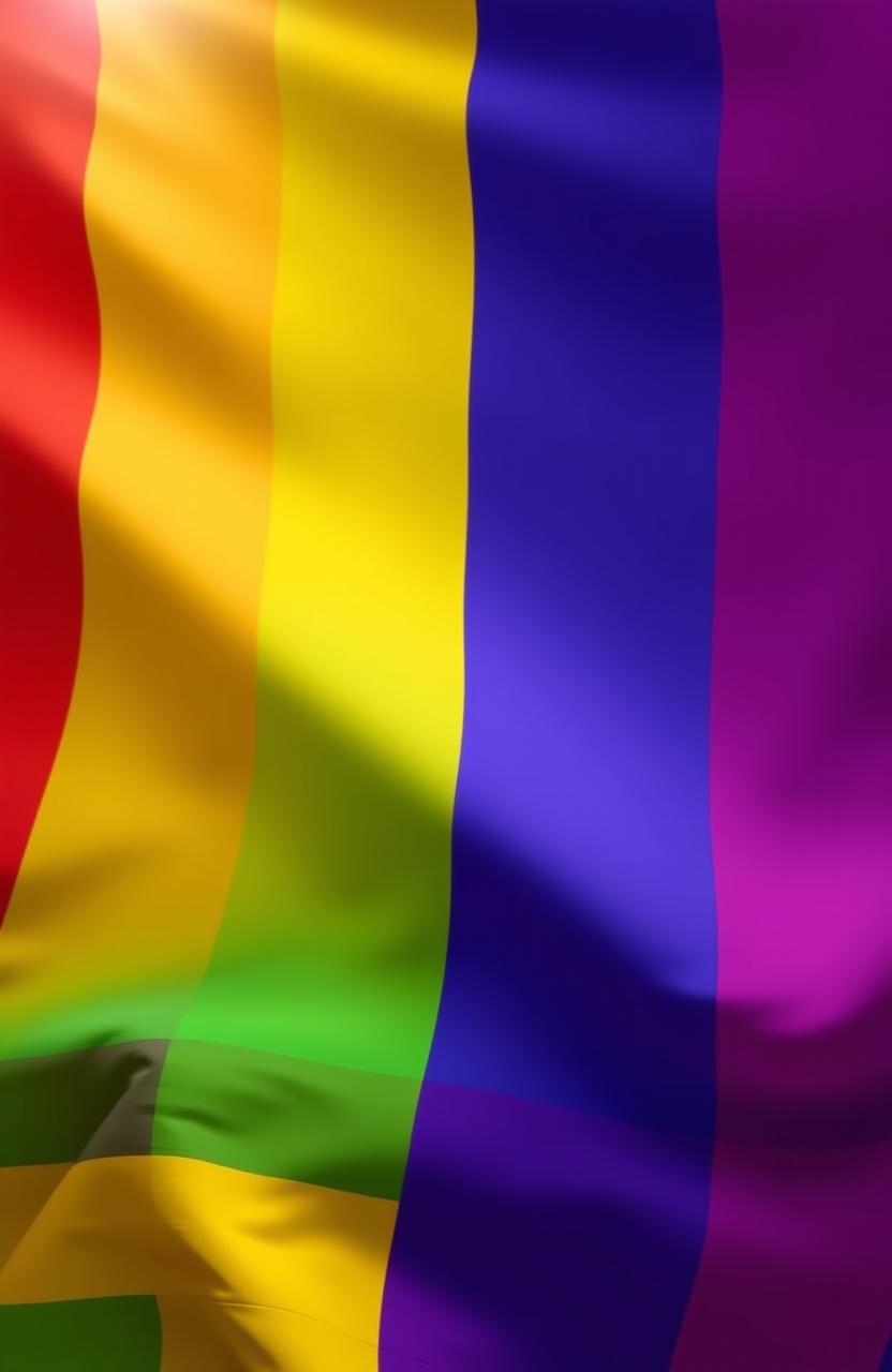 A vibrant and dynamic representation of the LGBT flag, showcasing its six horizontal stripes in bright colors: red, orange, yellow, green, blue, and purple