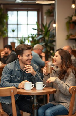 A cozy coffee date between a man and a woman sitting at a small table in a charming café