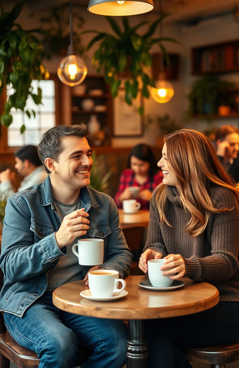 A cozy coffee date between a man and a woman sitting at a small table in a charming café