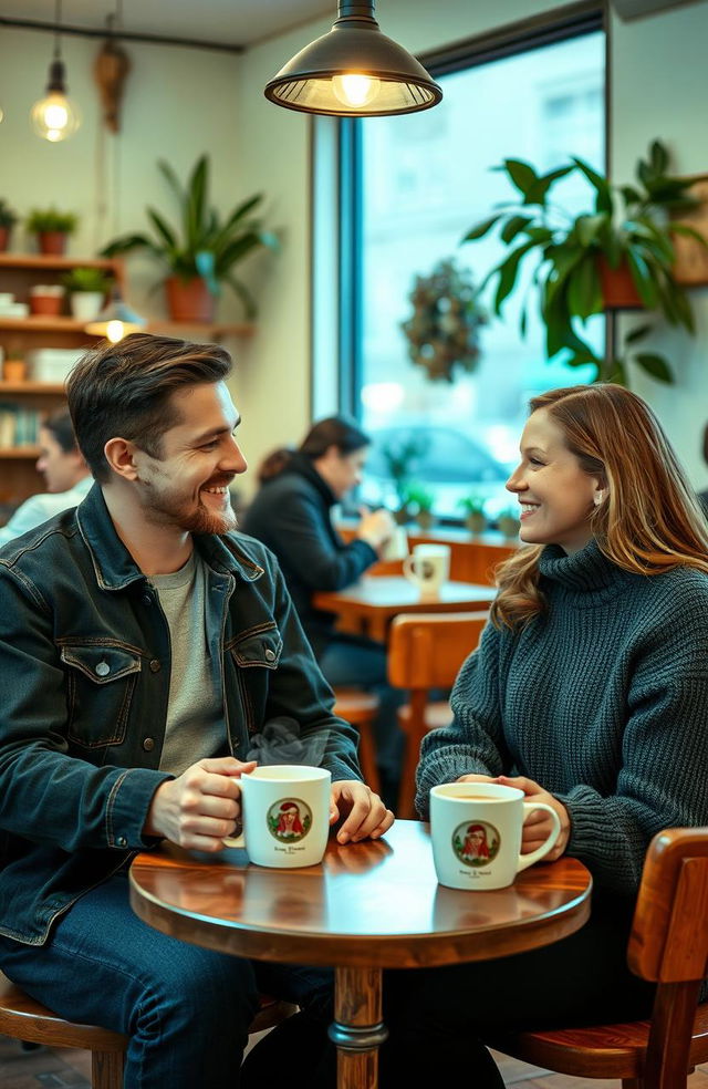 A cozy coffee date between a man and a woman sitting at a small table in a charming café