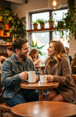 A cozy coffee date between a man and a woman sitting at a small table in a charming café