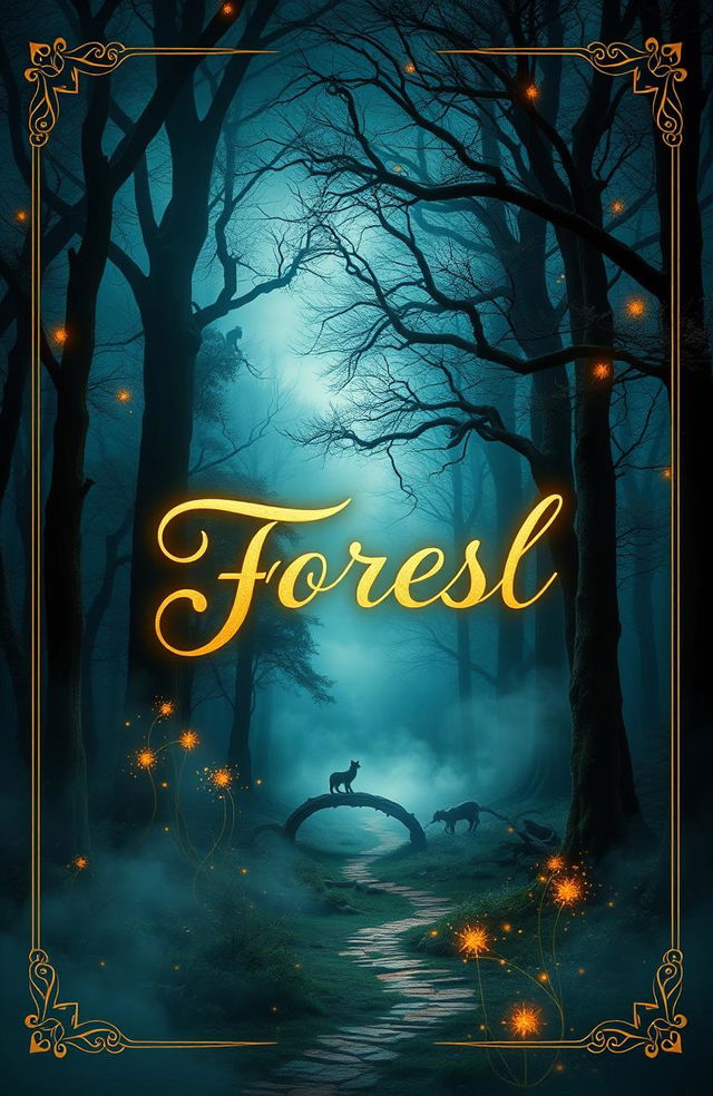 A visually striking book cover design featuring a mysterious forest landscape at twilight, with ethereal fog swirling through ancient trees