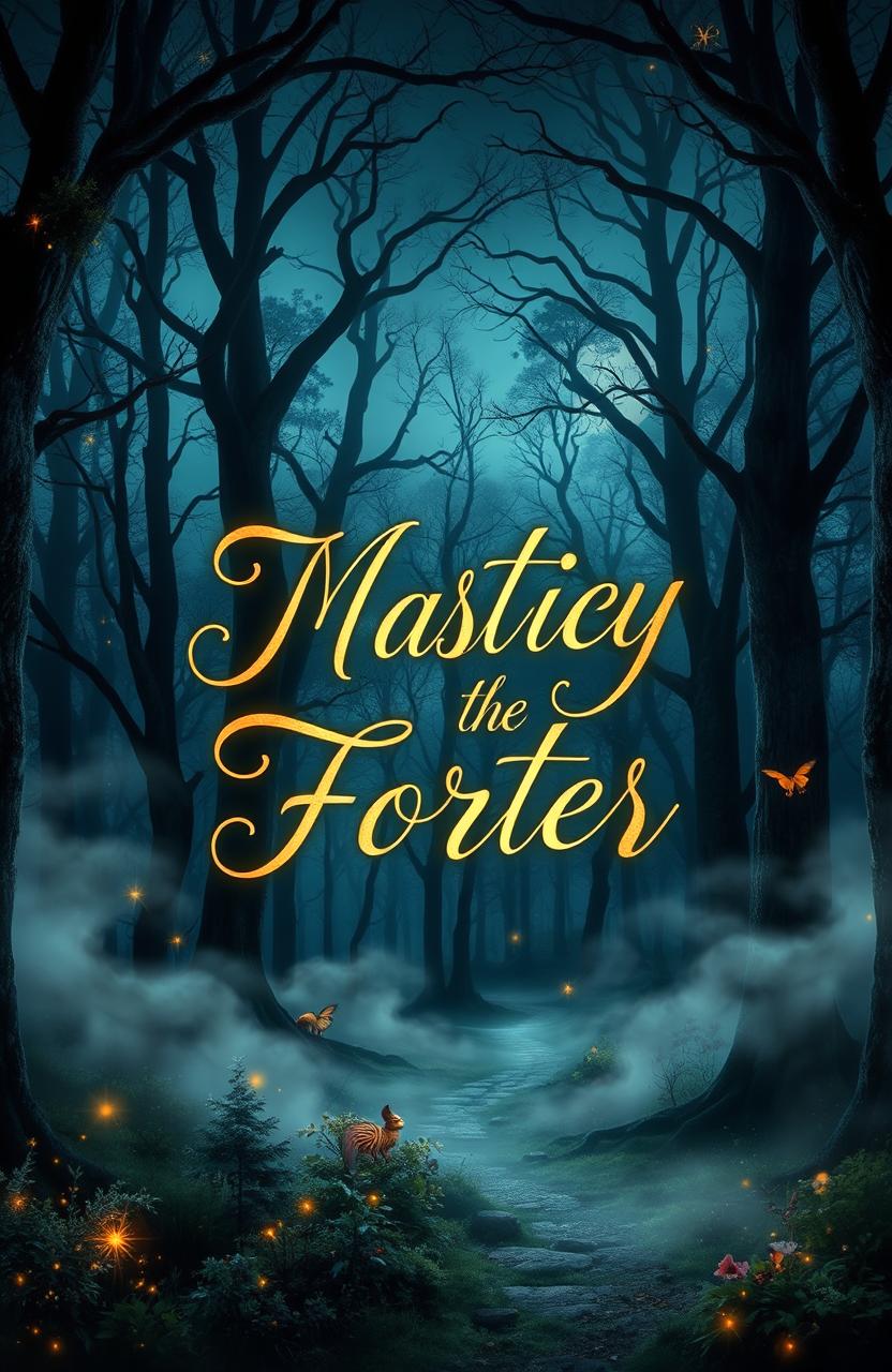 A visually striking book cover design featuring a mysterious forest landscape at twilight, with ethereal fog swirling through ancient trees