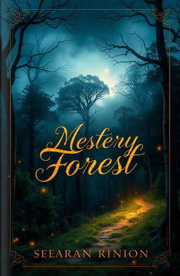 A visually striking book cover design featuring a mysterious forest landscape at twilight, with ethereal fog swirling through ancient trees