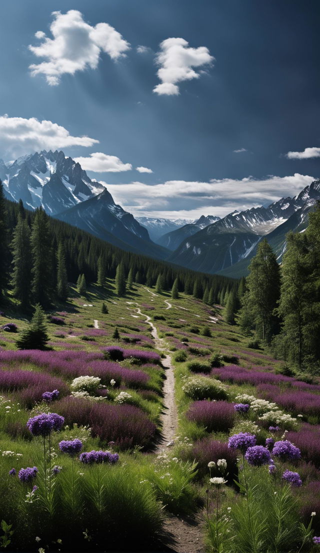 A professional long-distance photograph capturing a verdant meadow leading to a dense forest and majestic mountains under a clear blue sky.