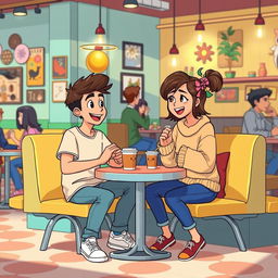 An animated scene depicting a coffee date between a teenage boy and girl sitting at a small table in a vibrant café