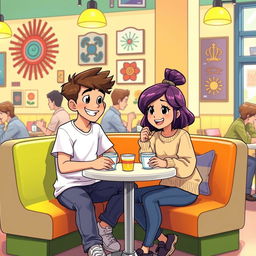 An animated scene depicting a coffee date between a teenage boy and girl sitting at a small table in a vibrant café