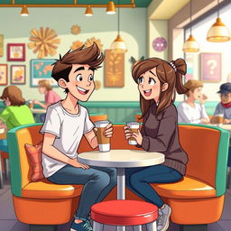 An animated scene depicting a coffee date between a teenage boy and girl sitting at a small table in a vibrant café