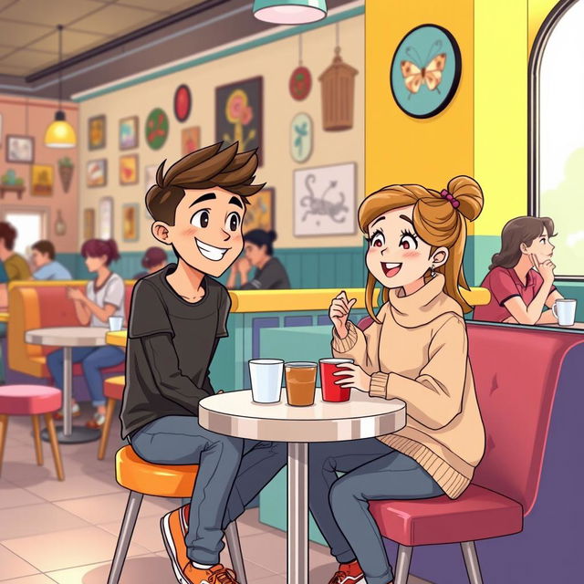 An animated scene depicting a coffee date between a teenage boy and girl sitting at a small table in a vibrant café