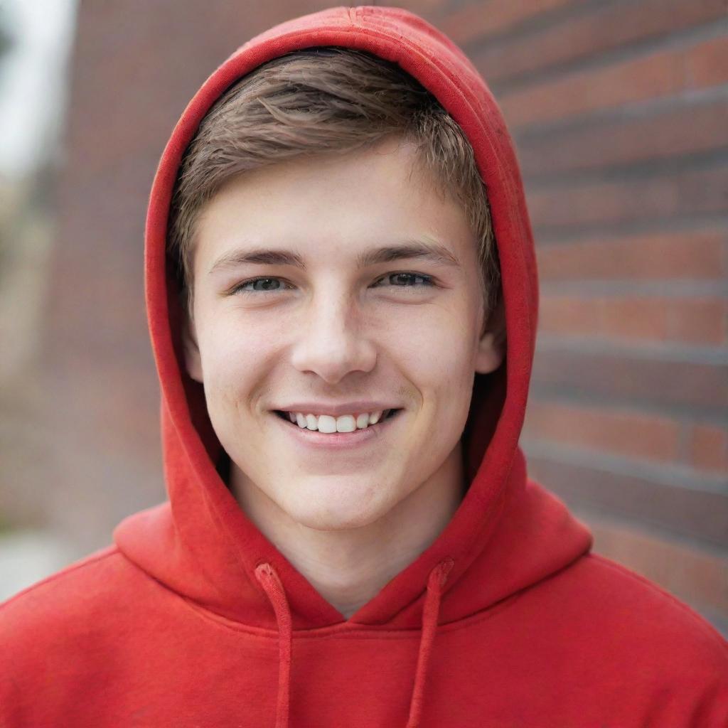 A handsome, cheerful, and generous Caucasian teenager in a bright red hoodie, emanating a lively spirit and kindness.