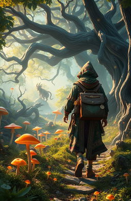 A visually captivating scene that embodies the concept of 'errante', showcasing a wandering nomad traversing through a magical forest