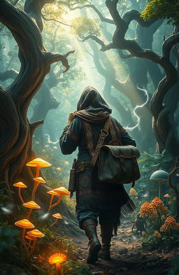 A visually captivating scene that embodies the concept of 'errante', showcasing a wandering nomad traversing through a magical forest