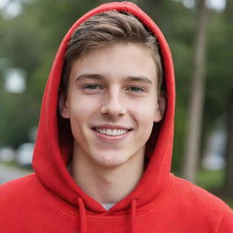 A handsome, cheerful, and generous Caucasian teenager in a bright red hoodie, emanating a lively spirit and kindness.