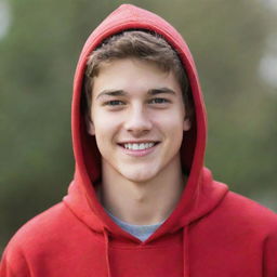 A handsome, cheerful, and generous Caucasian teenager in a bright red hoodie, emanating a lively spirit and kindness.