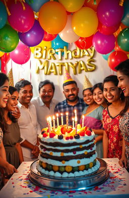 A vibrant birthday celebration scene for someone named Matiyas, featuring colorful balloons, a delicious multi-layered cake with candles, and a joyful atmosphere
