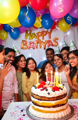 A vibrant birthday celebration scene for someone named Matiyas, featuring colorful balloons, a delicious multi-layered cake with candles, and a joyful atmosphere
