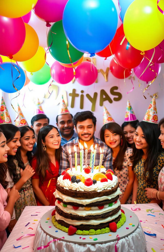 A vibrant birthday celebration scene for someone named Matiyas, featuring colorful balloons, a delicious multi-layered cake with candles, and a joyful atmosphere