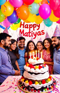 A vibrant birthday celebration scene for someone named Matiyas, featuring colorful balloons, a delicious multi-layered cake with candles, and a joyful atmosphere