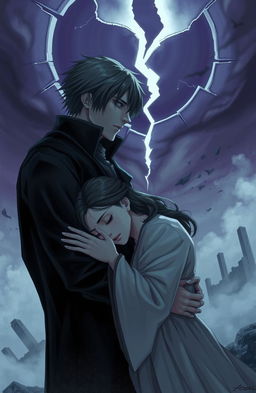 A poignant scene featuring a courageous female hero and a conflicted male villain embracing under a dramatically fractured sky, symbolizing broken time and shattering events