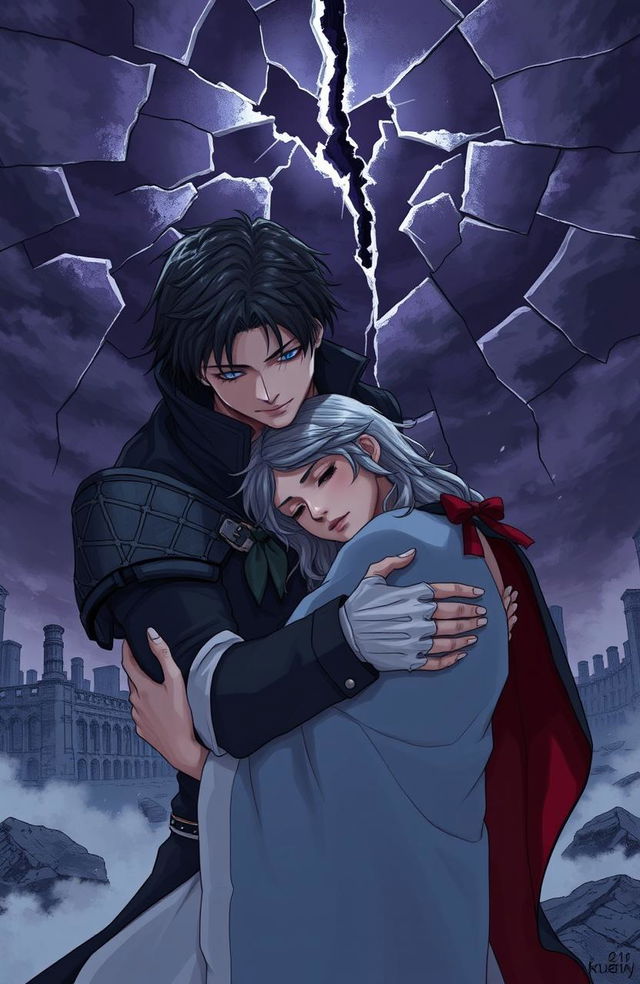 A poignant scene featuring a courageous female hero and a conflicted male villain embracing under a dramatically fractured sky, symbolizing broken time and shattering events