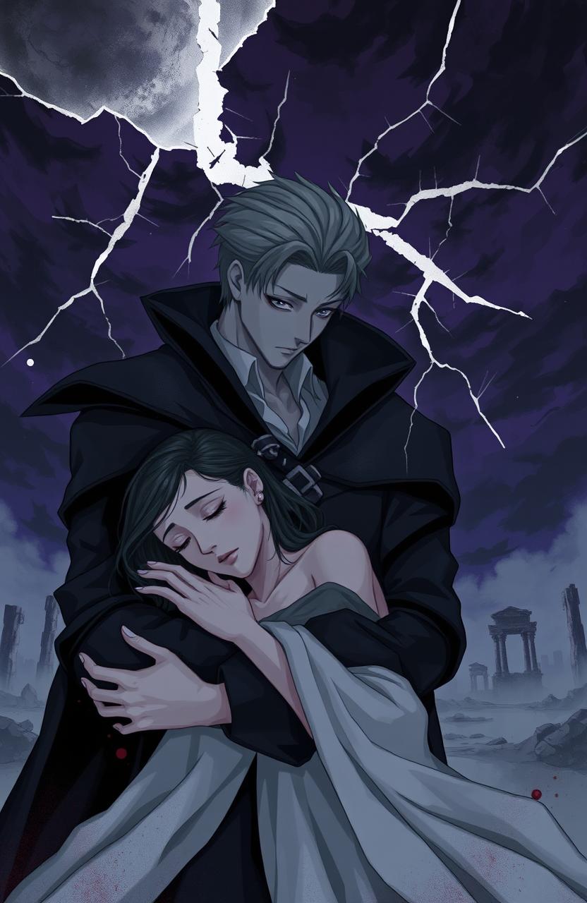 A poignant scene featuring a courageous female hero and a conflicted male villain embracing under a dramatically fractured sky, symbolizing broken time and shattering events