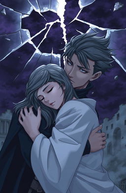 A poignant scene featuring a courageous female hero and a conflicted male villain embracing under a dramatically fractured sky, symbolizing broken time and shattering events