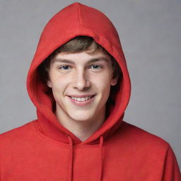 A handsome, cheerful, and generous Caucasian teenager in a bright red hoodie, emanating a lively spirit and kindness.