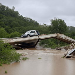 An SUV tossed about amidst the wreckage of a one-lane, road-level bridge that has been destroyed by a powerful flood.