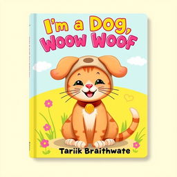 A whimsical and colorful book cover design featuring a charming cat dressed in a playful dog costume, complete with floppy ears, a wagging tail, and a collar