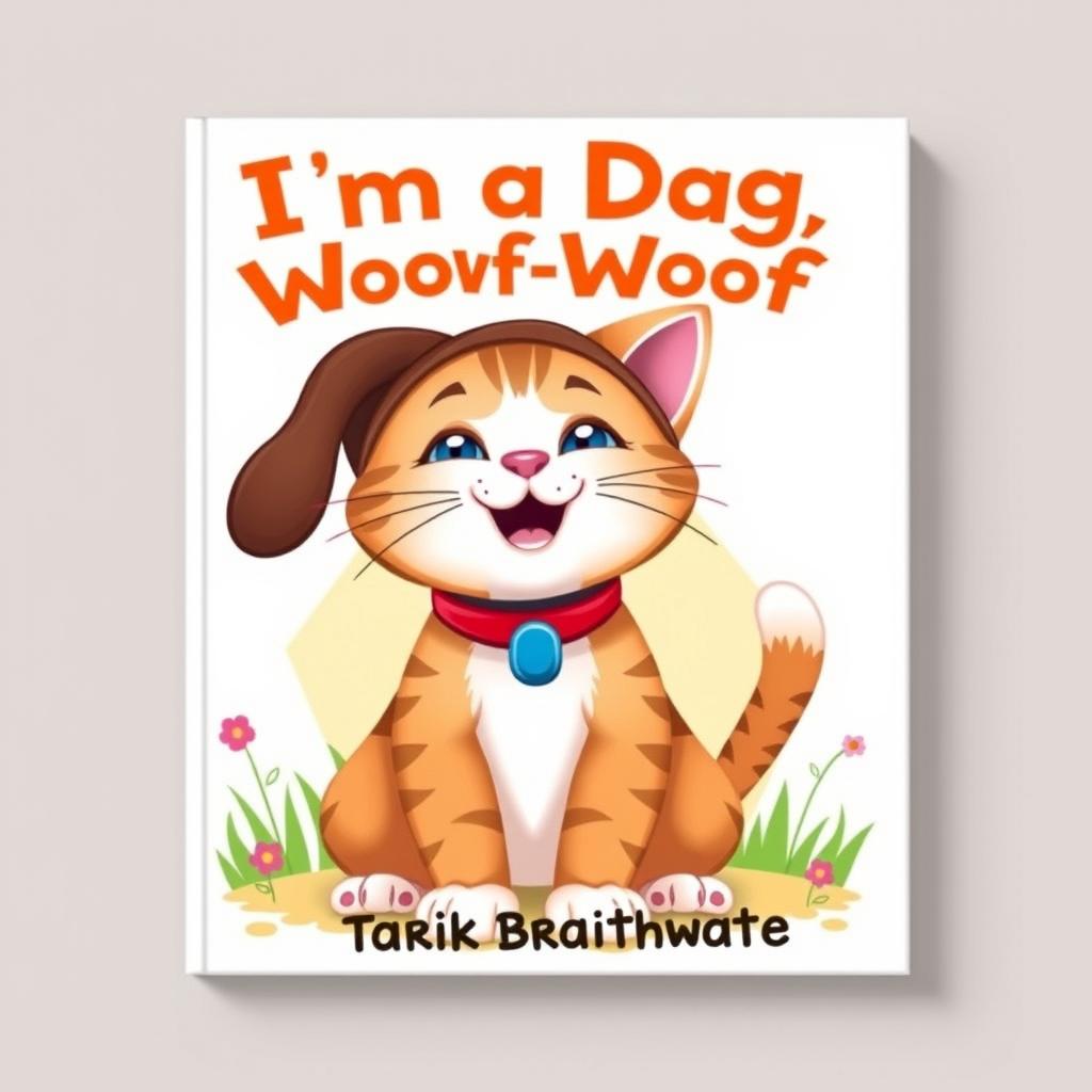 A whimsical and colorful book cover design featuring a charming cat dressed in a playful dog costume, complete with floppy ears, a wagging tail, and a collar