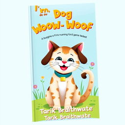 A whimsical and colorful book cover design featuring a charming cat dressed in a playful dog costume, complete with floppy ears, a wagging tail, and a collar