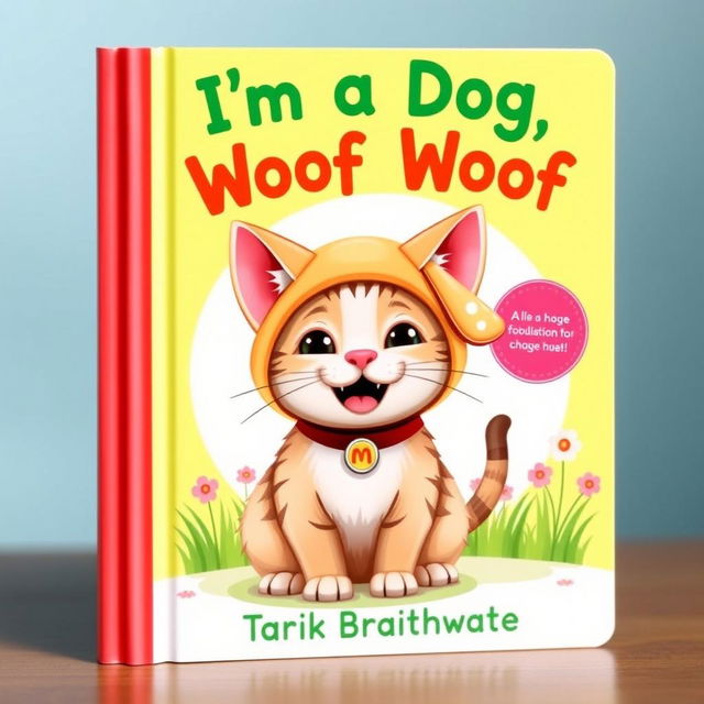 A whimsical and colorful book cover design featuring a charming cat dressed in a playful dog costume, complete with floppy ears, a wagging tail, and a collar