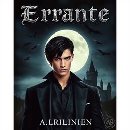 A book cover design featuring a vampire theme, showcasing a young man with striking black hair, dressed in a dark, elegant outfit, set against a gothic backdrop of a moonlit night