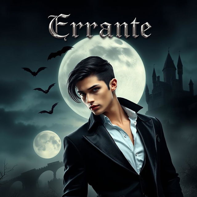 A book cover design featuring a vampire theme, showcasing a young man with striking black hair, dressed in a dark, elegant outfit, set against a gothic backdrop of a moonlit night