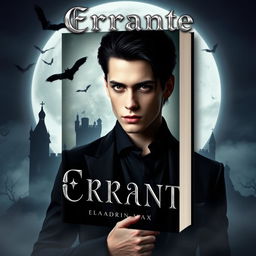 A book cover design featuring a vampire theme, showcasing a young man with striking black hair, dressed in a dark, elegant outfit, set against a gothic backdrop of a moonlit night