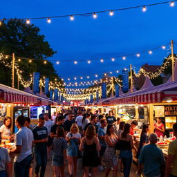 A fun and lively festival scene featuring numerous street markets, bustling with energy and activity