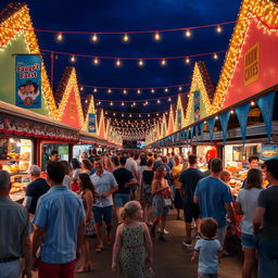 A fun and lively festival scene featuring numerous street markets, bustling with energy and activity