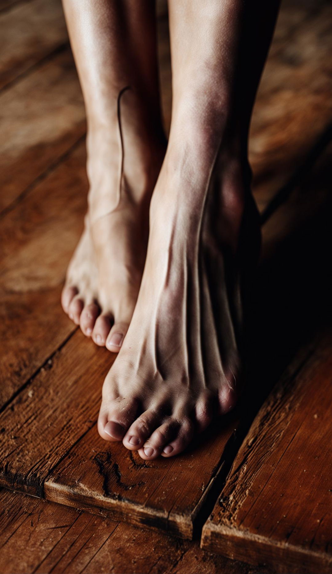 Close-up photograph of bare feet on a rustic wooden floor, highlighted by soft, natural light.