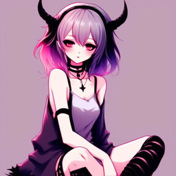 Anime profile picture of an emo grunge succubus dressed in night-linen, seated serenely against a twilight gradient background.