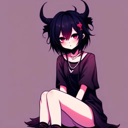 Anime profile picture of an emo grunge succubus dressed in night-linen, seated serenely against a twilight gradient background.