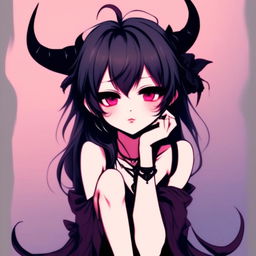 Anime profile picture of an emo grunge succubus dressed in night-linen, seated serenely against a twilight gradient background.