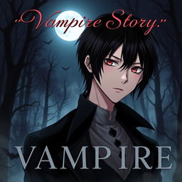 A captivating book cover for a vampire story, featuring a handsome young man with sleek black hair styled in an anime fashion
