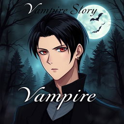 A captivating book cover for a vampire story, featuring a handsome young man with sleek black hair styled in an anime fashion