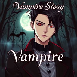 A captivating book cover for a vampire story, featuring a handsome young man with sleek black hair styled in an anime fashion