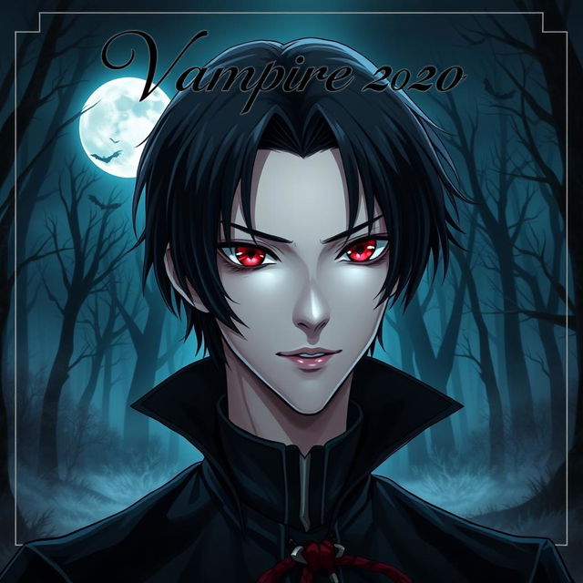 A captivating book cover for a vampire story, featuring a handsome young man with sleek black hair styled in an anime fashion