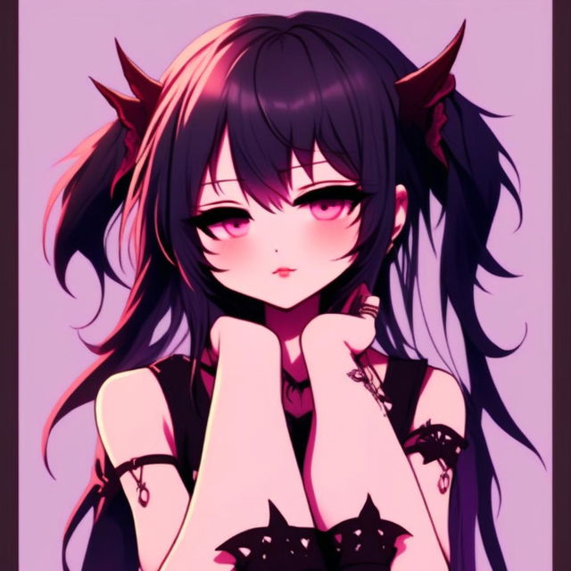 Anime profile picture of an emo grunge succubus dressed in night-linen, seated serenely against a twilight gradient background.