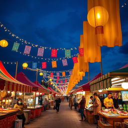 A delightful festival scene filled with colorful street markets under a deep navy blue sky